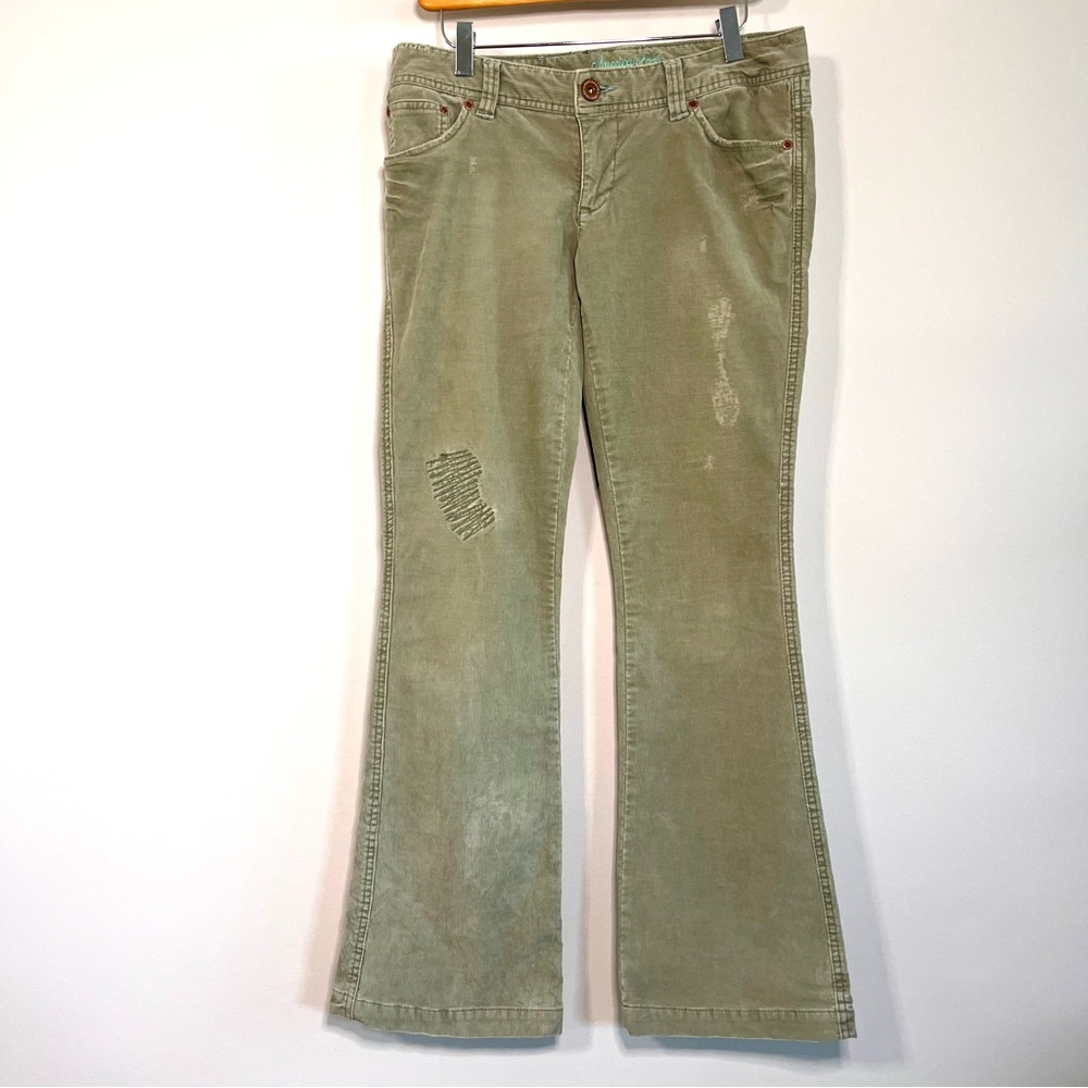Vintage American Eagle Y2K Grunge Flare Green Distressed Stitched Corduroy Pants